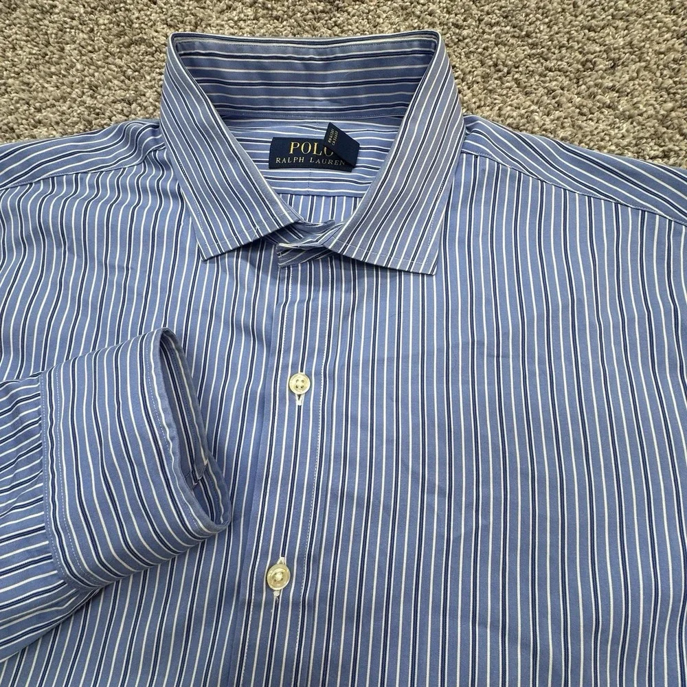 Polo Ralph Lauren Long Sleeve Button Blue‎ White Striped Shirt 16 40/41